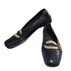 Stuart Weitzman Cia Black Perforated Patent Leather Loafer Size 9 Women's Flats